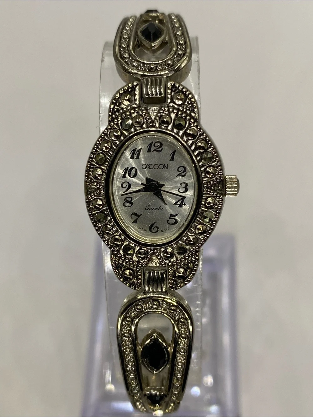 Designer ***  Silver-Tone  ^^^ Marcasite” Oval Bracelet Watch ***